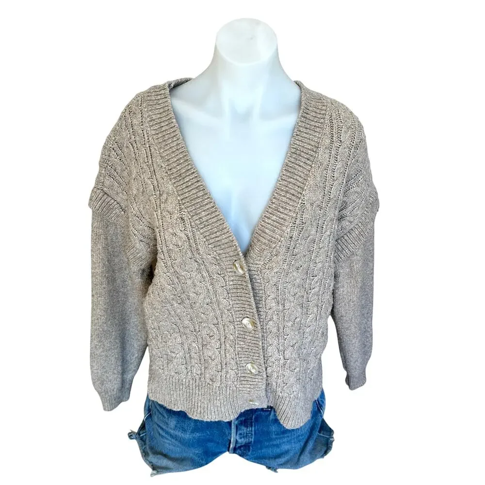 Central Park West Oatmeal Oversized Cardigan Sweater LARGE Cable Knit Beige $170 - Picture 6 of 10